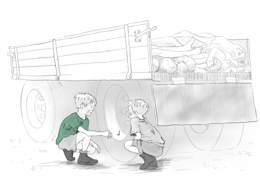 Drawing: Two boys look interestedly at a tire valve, on the loading area lie corpses